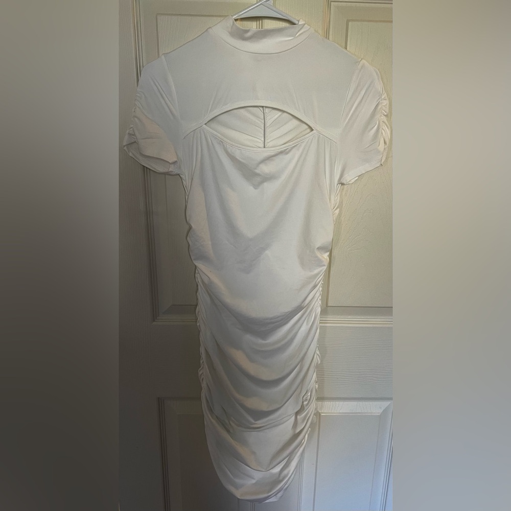 White Jersey Knit High Neck, Bust Cutout, Ruched Back Dress, Size S - Picture 1 of 2